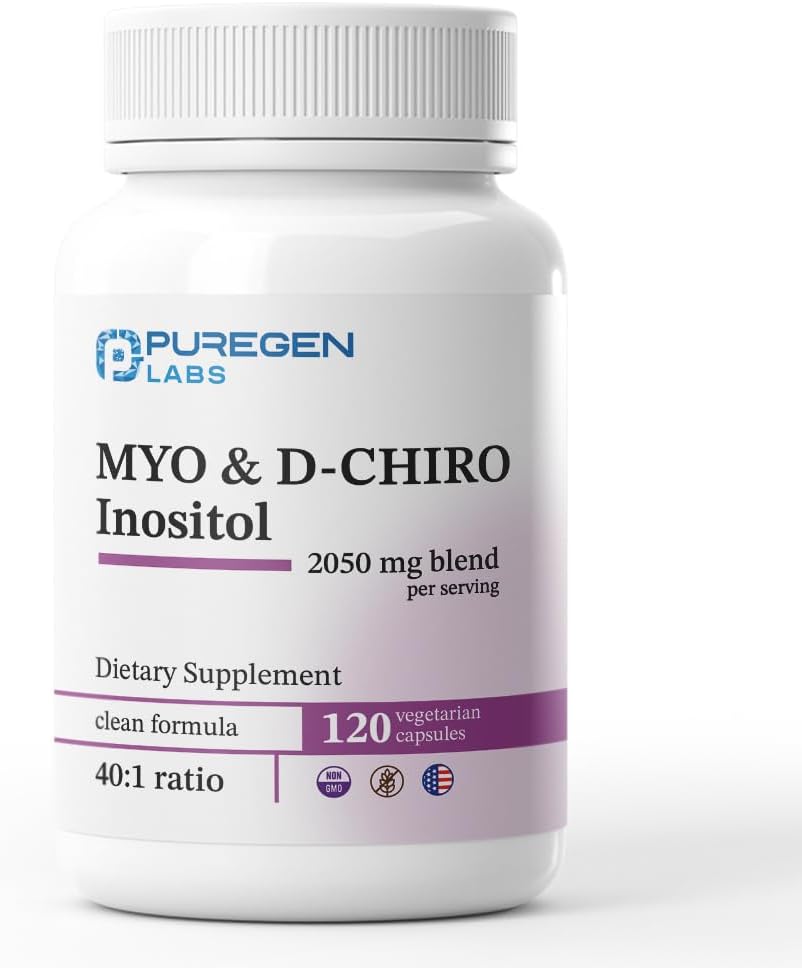 Puregen Labs Inositol Supplement | Myo Inositol & D-Chiro Inositol 2050mg - 120 Veggie Caps | No Harmful Additives | Non-GMO, NO Gluten and Dairy - Made in USA