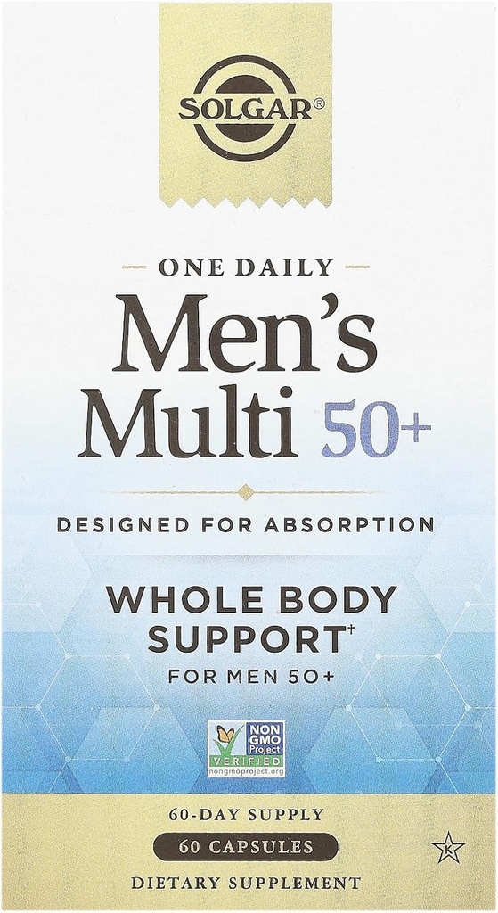 Solgar One Daily Men's Multi 50+ Whole Body Support for Men 50 and Older Highly Absorbable Delayed Release Heart, Energy, Stress, Muscle, Bone, Prostate Support Vitamin 60 Vegan Capsules, 60 Servings