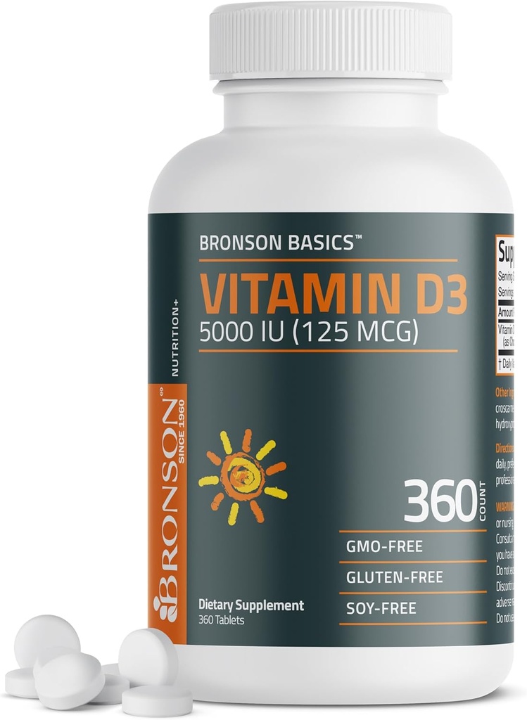 Bronson Vitamin D3 5000iu (125mcg) 1 Year Supply for Healthy Muscle Function and Immune Support, Non-GMO, 360 Tablets