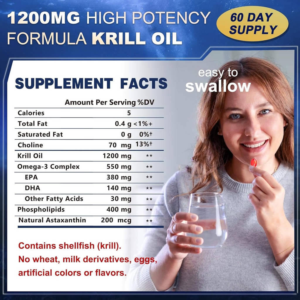 Krill Oil 1200 mg Omega 3 Supplement, Krill Oil Omega 3 with High Absorption EPA, DHA, Astaxanthin & Phospholipids, Supports Heart & Joint Health, No Fishy Aftertaste - 120 Softgels (60 Servings)