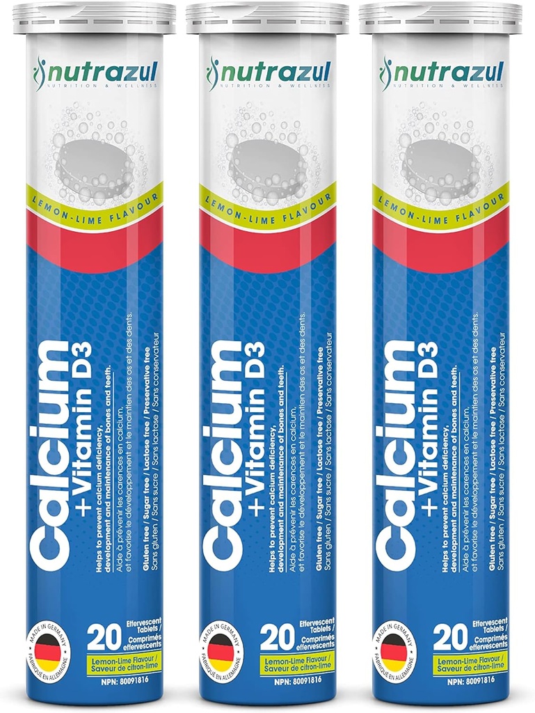 Nutrazul Calcium + Vitamin D3 Effervescent Tablets | 60 Tablets | Supports Bone Health & Maintenance | for Adults & Kids | Lemon-Lime Flavor