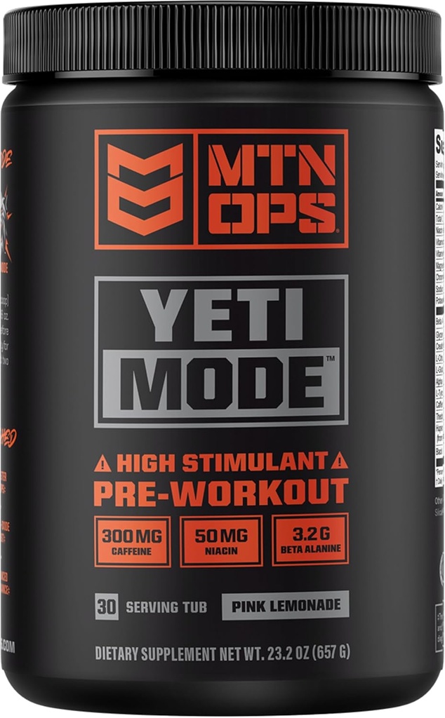 MTN OPS Yeti Mode Pre-Workout Powder - Explosive High-Stimulant with 300mg Caffeine, Creatine Monohydrate, Beta-Alanine, and 45mg Niacin - Pink Lemonade Flavor in 30 Serving Tub