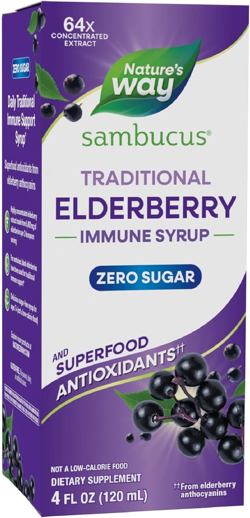 Nature’s Way Sambucus Zero Sugar Traditional Immune Syrup, Highly Concentrated Black Elderberry Extract, Traditional Immune Support*, with Superfood Antioxidants(1), 4 Fl Oz (Packaging May Vary)