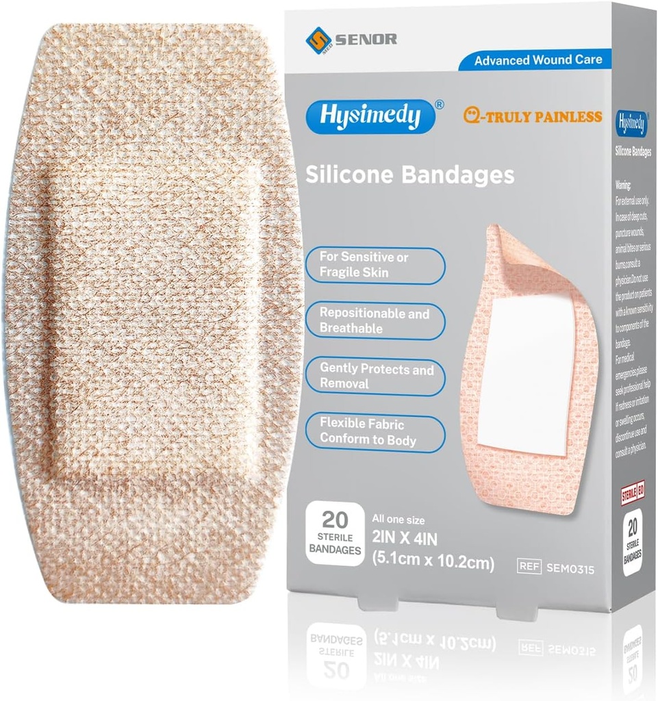 Silicone Adhesive Bandages Large Sizes for Sensitive Fragile Skin 2"x4" 20 Count Flexible Fabric Latex Free Hypoallergenic Breathable XL Bandages for Adhesive Allergy Wounds