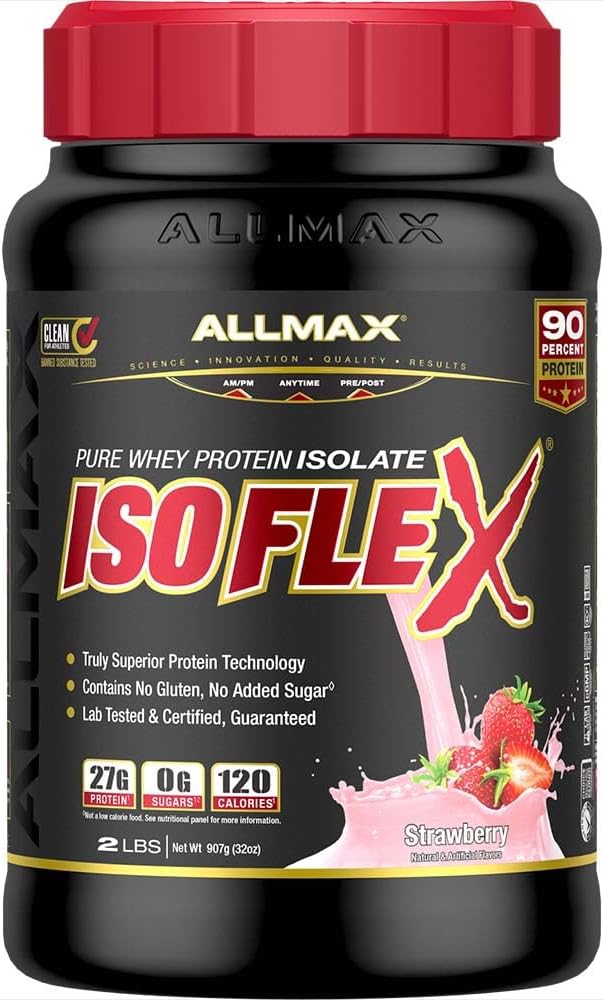 ALLMAX Nutrition ISOFLEX Whey Protein Isolate, Strawberry - 2 lb - 27 Grams of Protein Per Scoop - Zero Fat & Sugar - 99% Lactose Free - Gluten Free & Soy Free - Approximate 30 Servings