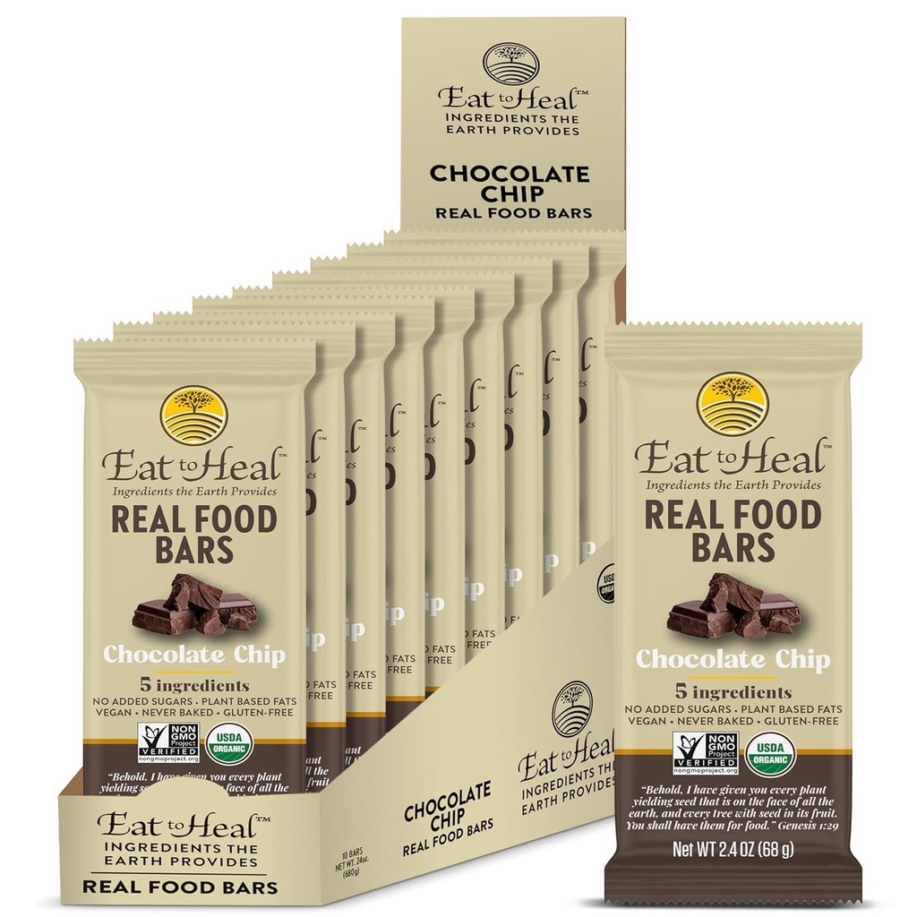 EatToHeal Chocolate Chip Real Food Bar - Organic Vegan Healthy Gluten Free Protein Bars - Low Sugar Meal Replacement Bar, Non GMO, Never Baked, Plant Based - Crafted to Enjoy, Not Sit on Shelves
