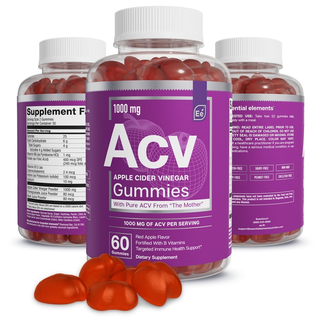 Essential Elements Apple Cider Vinegar Gummies from The Mother - 60 Count (3 Pack)