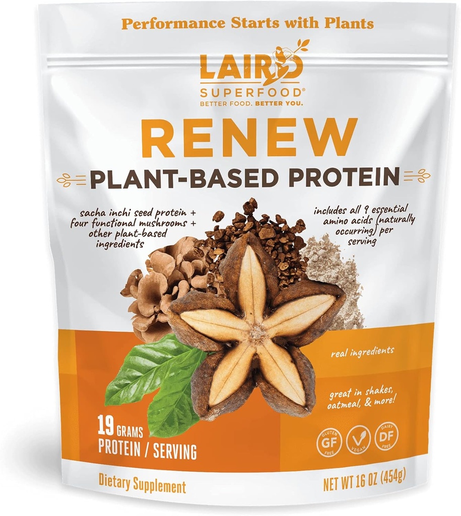 Laird Superfood Renew Plant-Based Protein Powder, 19 Grams Protein, Vegan with Sasha Inchi Seed Protein, Four Functional Mushrooms, Preservative Free, Gluten-Free, Dairy-Free, 16 oz. Bag