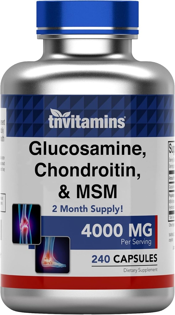 tnvitamins Glucosamine, Chondroitin, & MSM (4000 MG - 240 Capsules) for Men & Women | Joint Support Supplement Complex* | More Than Triple Strength! | Non-GMO | Produced in The USA
