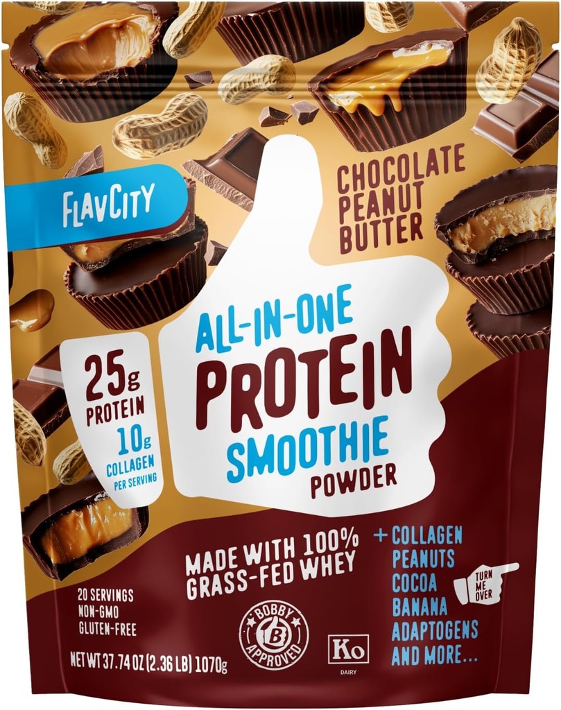 FlavCity Grass Fed Whey Chocolate Protein Powder - Chocolate Peanut Butter - 25g Protein & 10g Collagen - Made with Organic Cocoa & Coconut Milk - Gluten Free & No Added Sugars (20 Servings)
