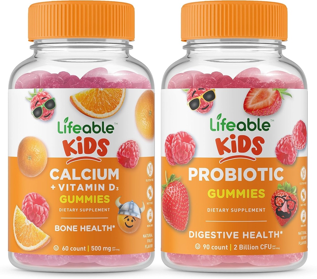 Lifeable Calcium with Vitamin D Kids + Probiotic 2 Billion CFU Kids, Gummies Bundle - Great Tasting, Vitamin Supplement, Gluten Free, GMO Free, Chewable Gummy