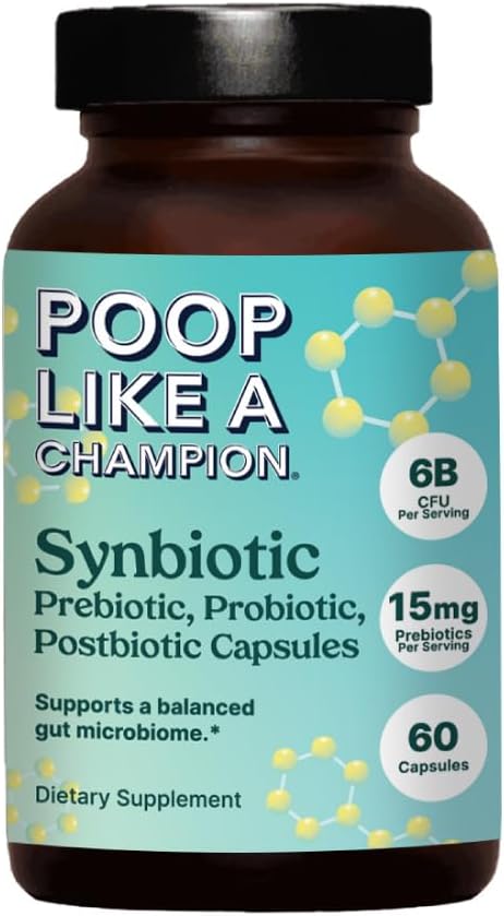 Poop Like a Champion Gut Power Synbiotic (Prebiotic, Probiotic, Postbiotic) – 60 Capsules, Vegan, Non-GMO Digestive Health Supplement, 6.5billion CFU