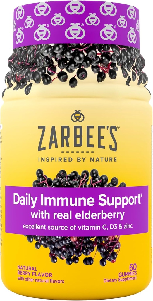 Zarbee’s Elderberry Gummies Daily Immune Support Supplement with Vitamins A C D E & Zinc, Black Elderberry Extract, Natural Berry Flavor, Vegetarian, Gelatin-Free, 60 Count
