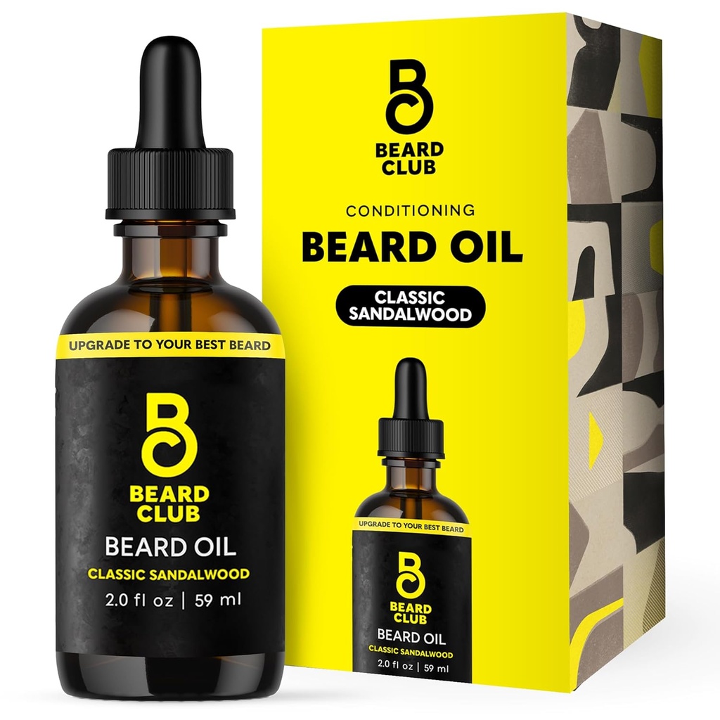 The Beard Club Beard Oil for Men - 2oz Classic Sandalwood Natural Beard Oil with Castor & Amber Oils - Beard & Mustache Conditioner - Hydrates, Softens & Soothes Dry Skin - Strengthens Hair Follicles