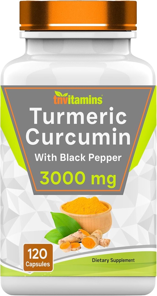 tnvitamins Turmeric Curcumin Capsules with Black Pepper | 3000 MG - 120 Capsules | Extra Strength Golden Turmeric Curcumin Supplement | Non-GMO | Produced in The USA