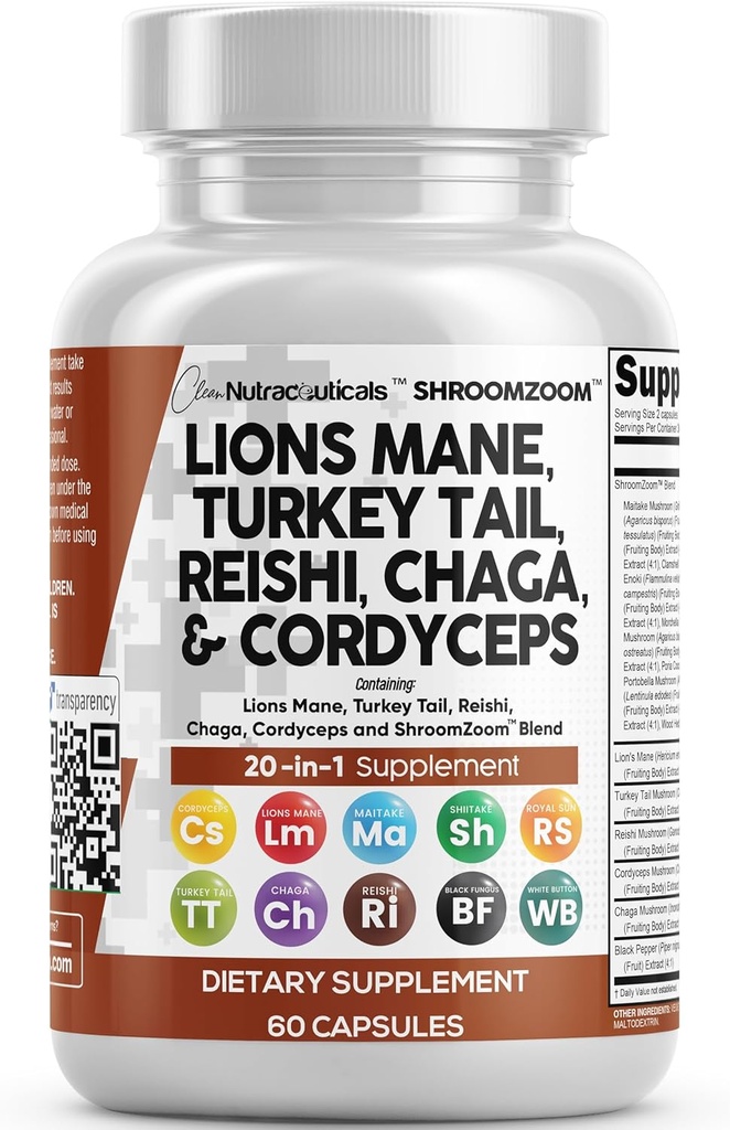 Clean Nutraceuticals Lions Mane 20in1 Mushroom Supplement with Turkey Tail Reishi Cordyceps Chaga Maitake Meshima Poria Cocos Shiitake Oyster Porcini Enoki - 1 Pack