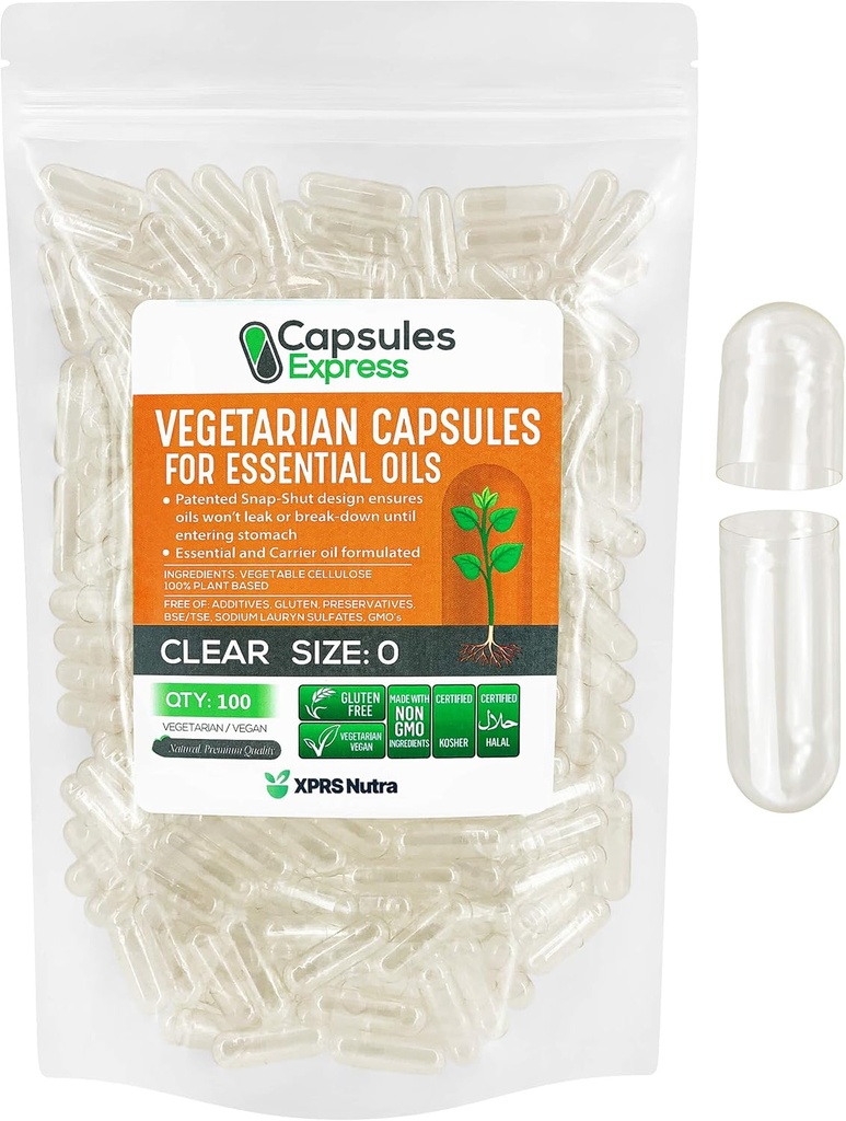 XPRS Nutra Size 0 Empty Vegan Capsules - 100 Count Clear Veggie Capsules for Essential Oil - Empty Vegetable Caps - Do-It-Yourself Pill Filling Works with Most Oils