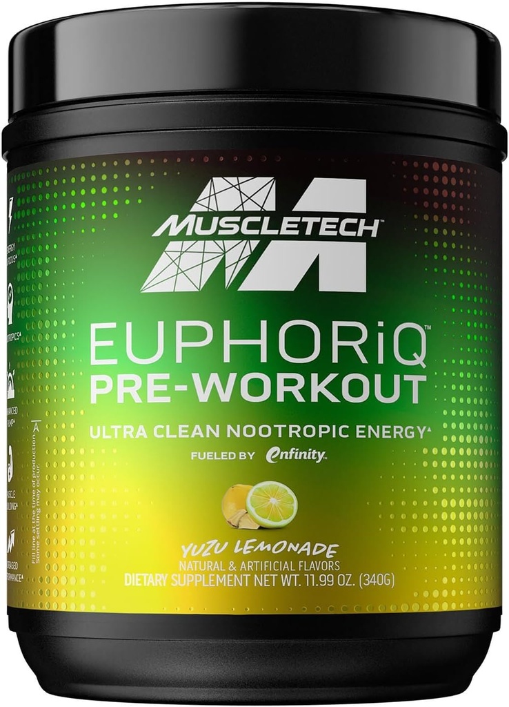 Pre Workout Powder MuscleTech EuphoriQ PreWorkout Smart Pre Workout Powder for Men & Women Caffeine Metabolite Fueled with Paraxanthine Yuzu Lemonade (20 Servings)