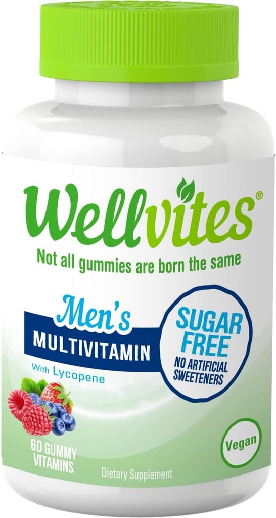 Wellvites Sugar Free Multivitamin Gummies for Men, Vegan and Non-GMO - Vitamin A, B6, and B12, Biotin and Folate, Vitamins for Men, No Artificial Sweeteners, Gluten-Free, 60 Count (30 Day Supply)