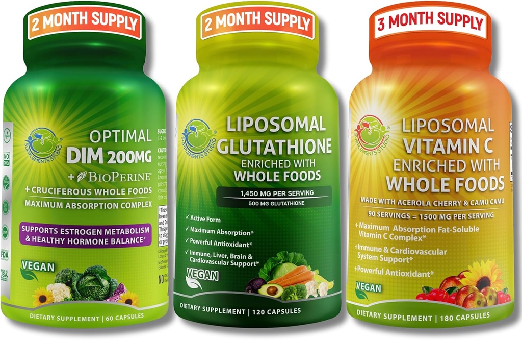 Total Immune, Hormonal & Antioxidant Support Bundle for Women & Men – Liposomal Glutathione 500mg + Liposomal Vitamin C 1500mg + DIM 200mg with BioPerine® & Cruciferous Whole Foods – Vegan & Non-GMO