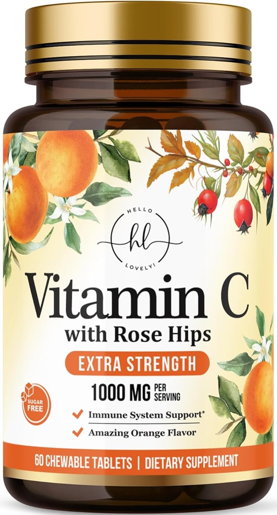 Vitamin C Supplement 1000mg - Extra Strength with Rose Hips Bioflavonoids - Sugar Free Vitamin C Chewable Pills, Nature's Vit C for Immune Support & Antioxidant Protection - 60 Chewable Tablets