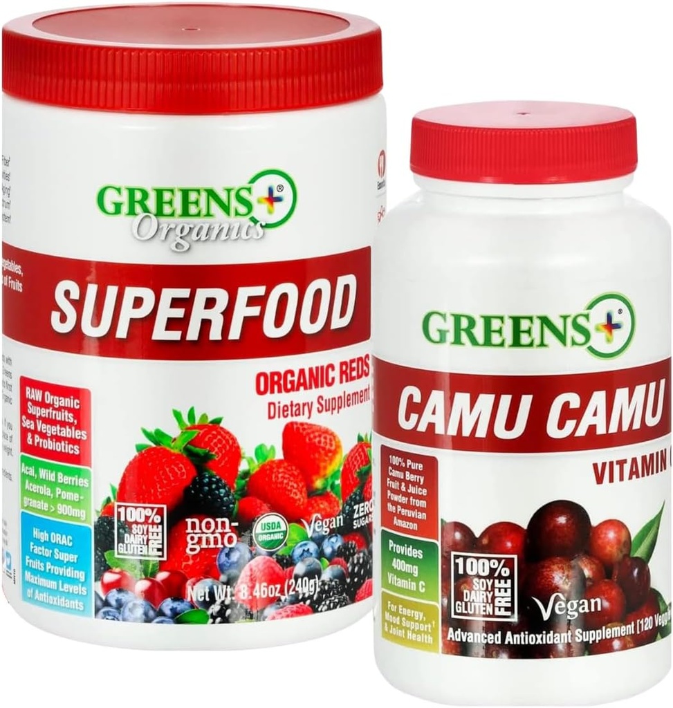 Greens+ Organic Reds Superfood Powder Camu Camu Dietary 400mg Vitamin C SuperFruit Supplement 120 Capsules, 100% Natural, Vitamins & Minerals, Vegan, Soy/Dairy/Gluten Free