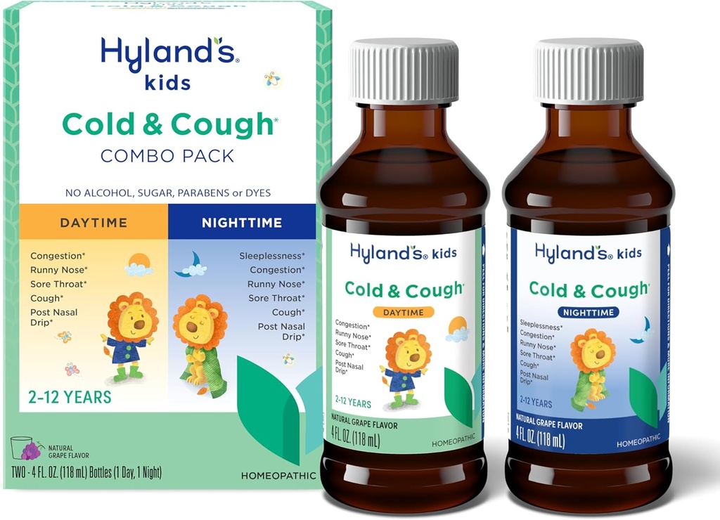 Hyland's Kids Cold and Cough, Day and Night Combo Pack, Cold Medicine for Ages 2 and up, Grape Flavor Syrup Cough Medicine for Kids, Nasal Decongestant, 4 Fl Oz (Pack of 2)