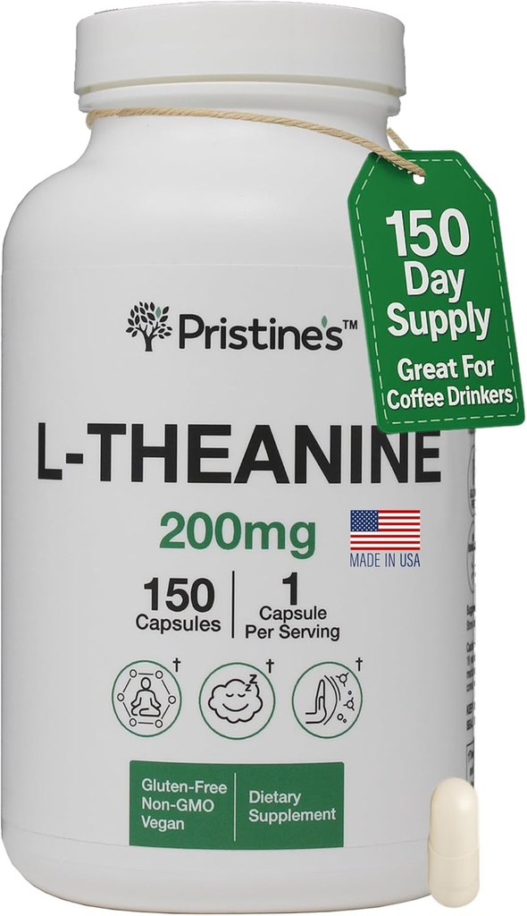 PRISTINE'S L Theanine Sleep Quality Support Amino Acid Supplement - 200MG 150 Day Supply - Relaxation & Mood Support Capsules - Vegan Non-GMO & Gluten Free