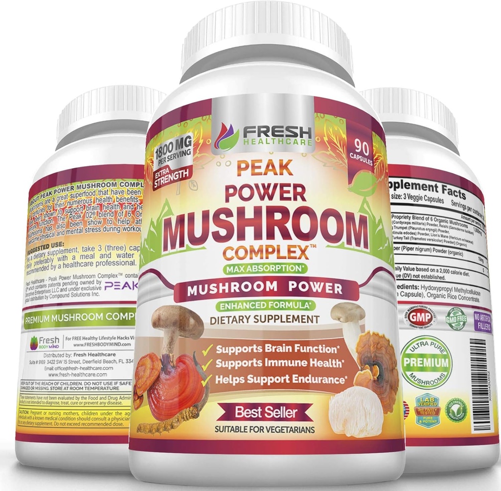 FRESH HEALTHCARE Mushroom Supplement - Lions Mane, Cordyceps, Reishi, Turkey Tail, and Shitake - Immune and Brain Support - Peak Power Mushroom Supplement - 90 Vegan Capsules