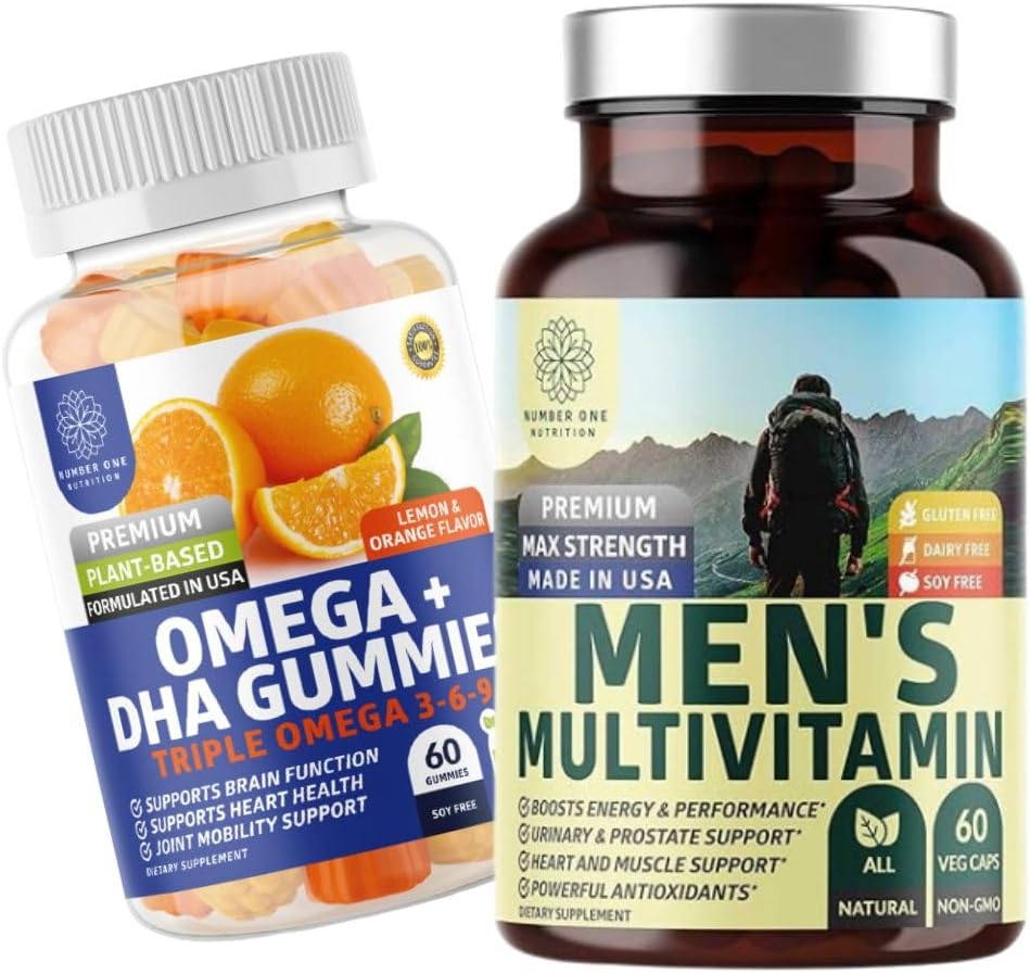 Number One Nutrition N1N Premium Men's Daily Multivitamin [Vitamins A C E D, Magnesium, Zinc] and Omega 3 6 9 + DHA Gummies [Vegan, Plant-Based], 2 Pack Bundle