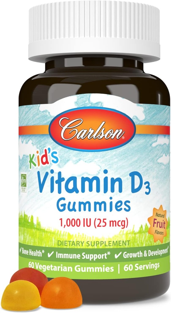 Carlson - Kid's Vitamin D3 Gummies, 1000 IU (25 mcg), Bone Health & Immune Support, Growth & Development, Vitamin D Gummies, D3 Gummy Vitamins, Natural Fruit Flavors, 60 Vegetarian Gummies