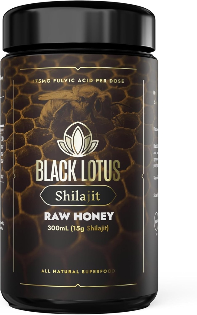 Black Lotus Pure Shilajit Resin Raw Honey Liquid Tincture, 300ml, 100% Pure Natural Shilajit for Men & Women, Amino Acids, 175mg Fulvic Acid, 85 Ionic Trace Minerals, For Immune Support, Focus, Energy