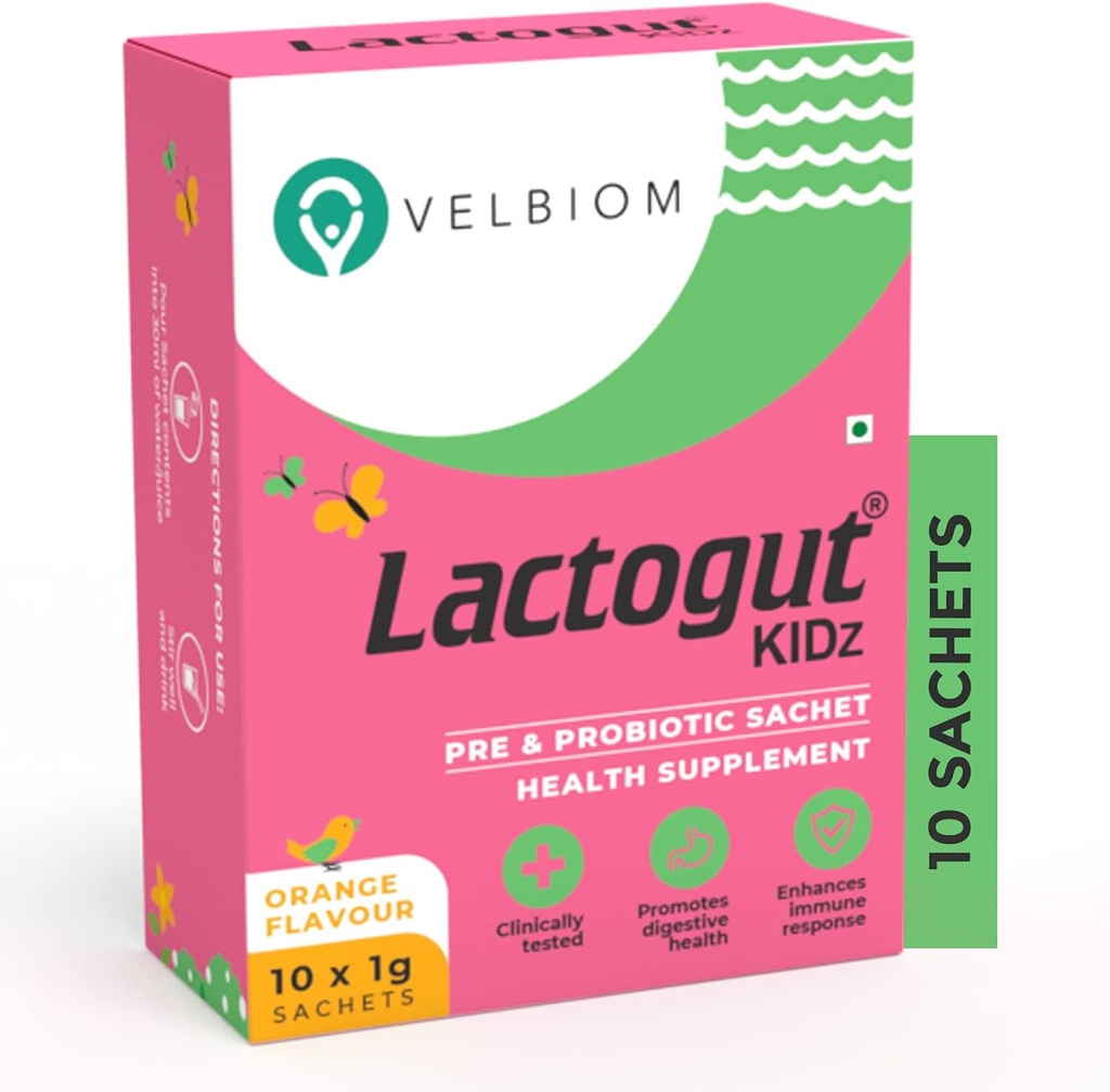 Lactogut Kidz Probiotics Powder for Kids Easy to Consume Probiotics for Children Gut Health, Overall Wellness and Immunity Vegan Clinically Proven - 1Gx10 Sachets (Orange Flavour)