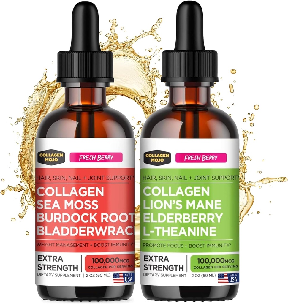 Collagen Mojo Liquid Collagen Peptides with Sea Moss, Burdock Root & Bladderwrack + Liquid Collagen Peptides with Lions Mane Mushroom, Elderberry & L-Theanine