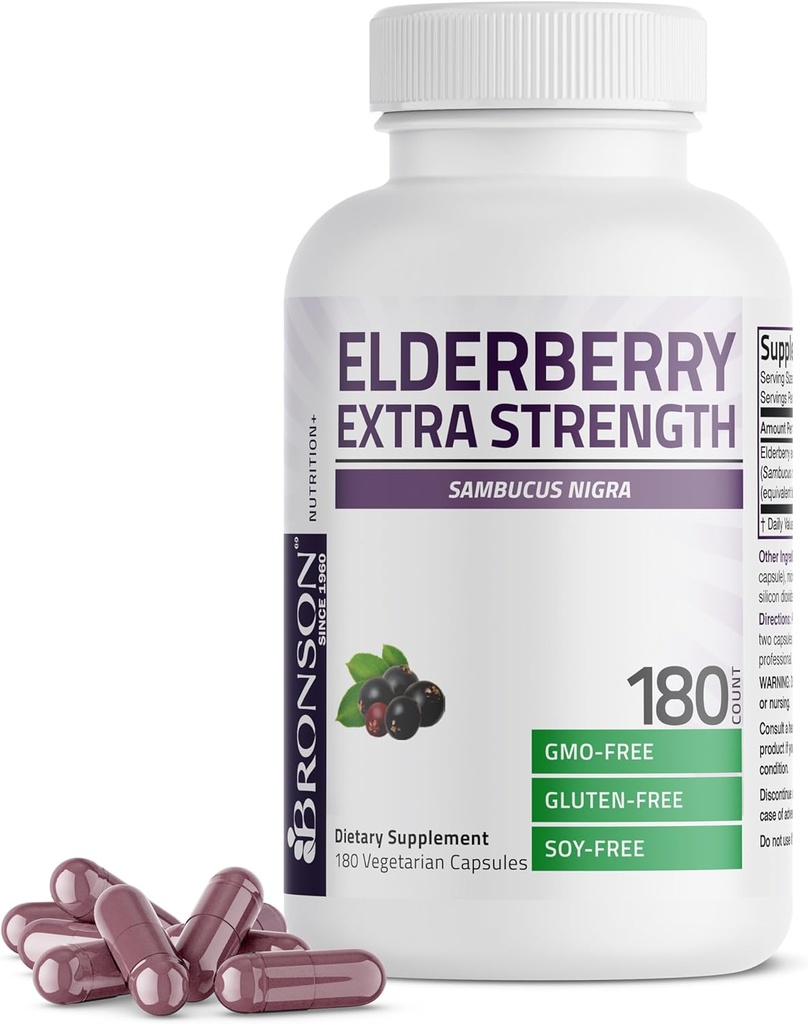 Bronson Elderberry Extra Strength, Supports Healthy Immune System & Antioxidant Protection, Non GMO, 180 Vegetarian Capsules