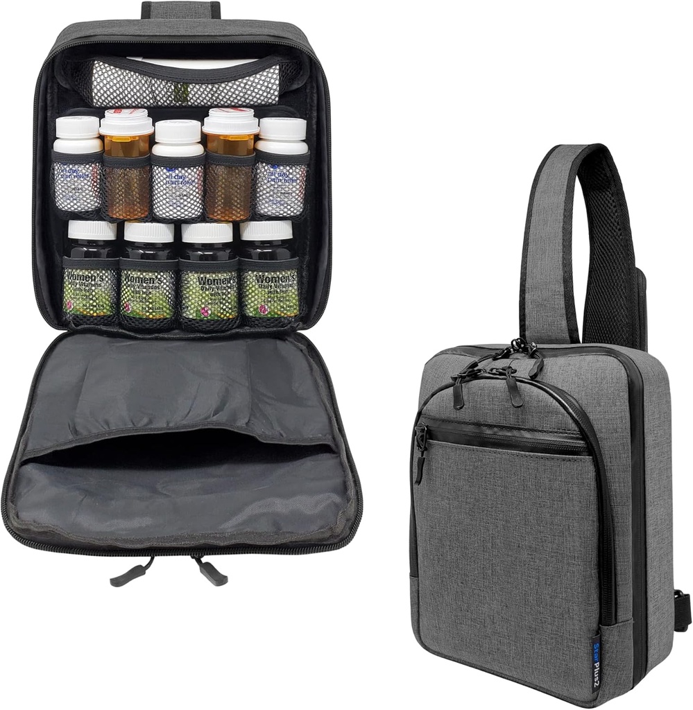 Cross-Body Hands-Free Modular Pill Bottle Organizer, Medicine Bag, Case, Carrier for Medications, Vitamins, and Medical Supplies - Heather Gray (Without Lock)