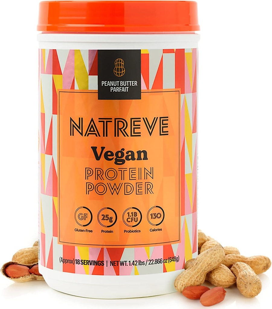 Natreve Vegan Protein Powder - 25g Plant Based Protein Powder with Probiotics and Amino Acids - Gluten Free Peanut Butter Parfait, 18 Servings