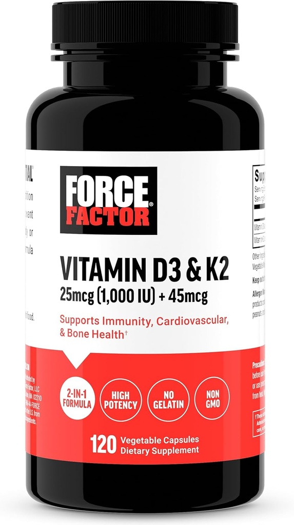 FORCE FACTOR Vitamin D3 K2 to Support Immunity, Heart Health, Bone Support, and More, High-Potency 2-in-1 Formula, Vegan, No Gelatin, Non-GMO, 120 Capsules