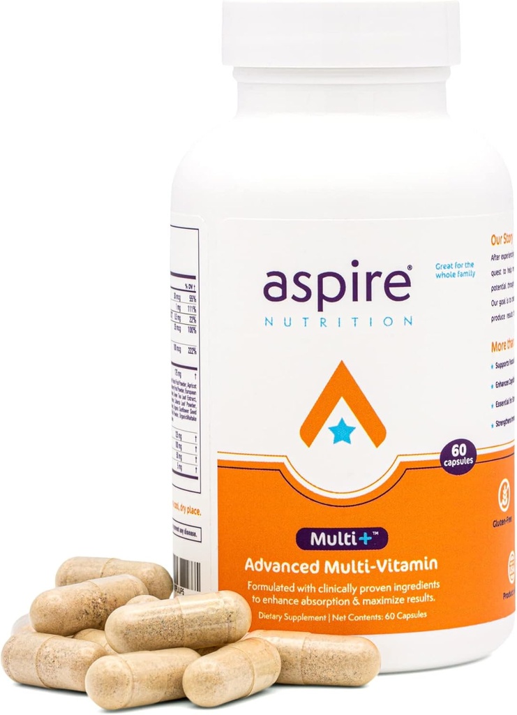Aspire Multi+™ Advanced Multivitamin for Men, Women & Kids - Best Supplement for Focus, Attention, Memory, Mood. More Absorbent Nutrients, Minerals and Vitamins - All Natural