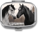 Black and White Horses Square Pill Box, 2 Compartment Decorative Pocket Pill Box for Pocket Or Purse Portable Mini Travel Medicine Tablet Vitamin Holder Organizer Pill Case