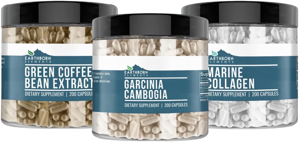 Earthborn Elements Garcinia Cambogia, Green Coffee Bean, & Marine Collagen Bundle (200 Capsules Each), Pure & Undiluted, No Additives