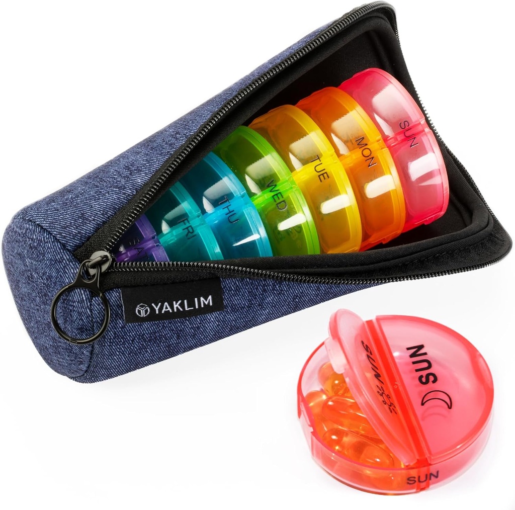 Travel Pill Organizer 2 Times a Day, AM/PM Pill Containers 7 Day Ultralight Portable Canvas Bag Travel Pill Case Weekly Pill Box for Medicine, Vitamins, Fish Oils, Supplements (Denim)