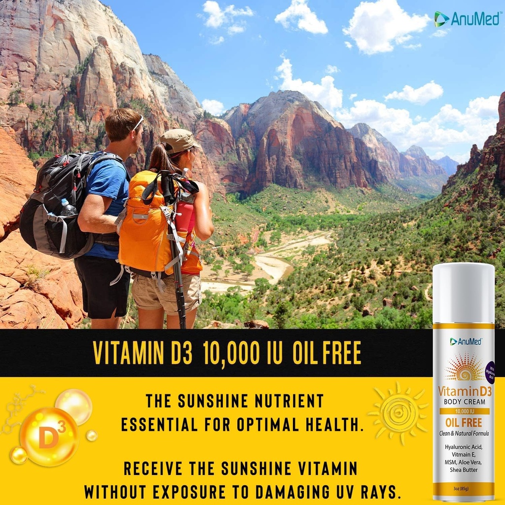 AnuMed Vitamin D3 10,000 IU Oil-Free Cream with Magnesium + Hyaluronic Acid, Vitamin E. Moisturizing Cream for Dry Skin. Non-Greasy, Non-GMO, 100% Vegan, Gluten-Free (3oz)