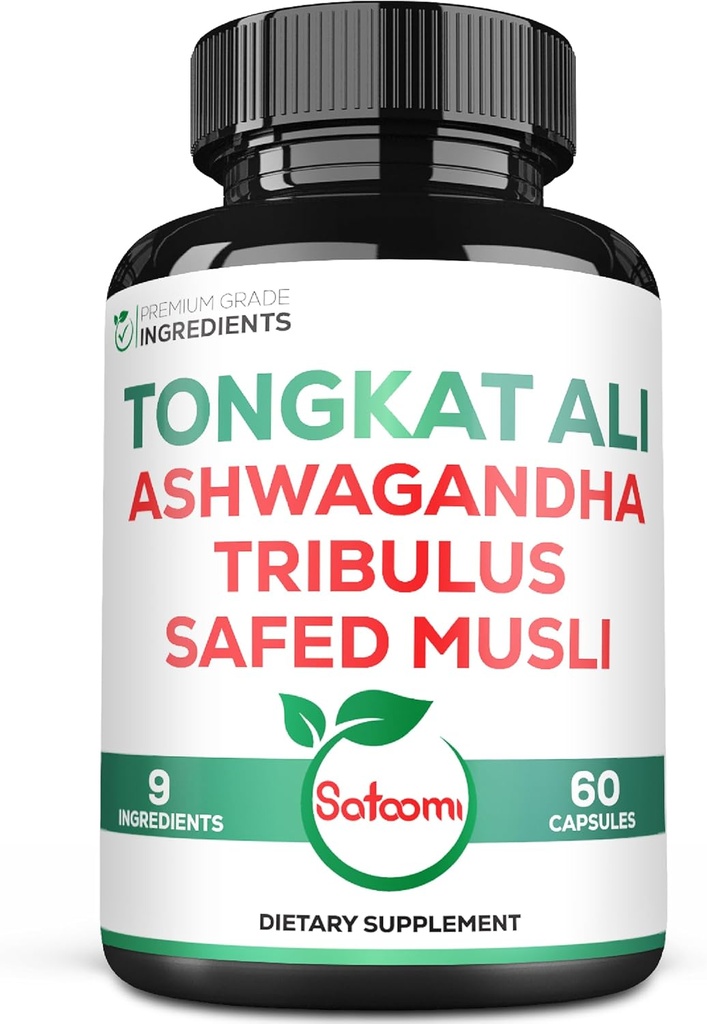 Satoomi Tongkat Ali Root Extract 200:1-9 Essential Herbs with Ashwagandha, Tribulus Terrestris & More - Support Strength, Energy and Healthy Immune - 60 Vegan Caps 2 Month Supply