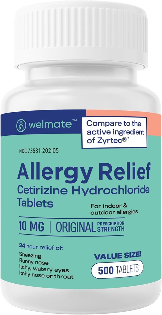 WELMATE - Allergy Relief - Cetirizine HCl 10 mg - 24 Hour Antihistamine - Non Drowsy - Sneezing - Runny Nose - Itchy Eyes & Throat - Indoor & Outdoor Allergy Relief Tablets - 500 Tablets