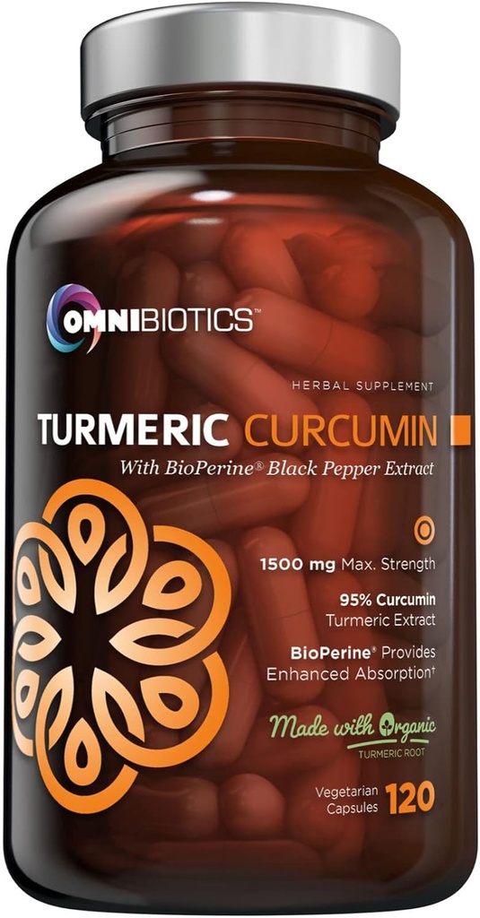 OmniBiotics Organic Turmeric Curcumin Supplement with Black Pepper Extract – 1500mg Turmeric with 95% Curcuminoids & BioPerine, High Absorption for Joint Support – 120 Vegan Capsules