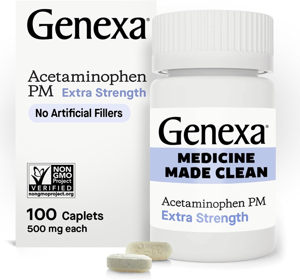 Genexa Clean Acetaminophen PM 500mg Extra Strength, Dye Free Pain Reliever, Nighttime Sleep Aid, Fever Reducer, 0% Artificial Additives, Relieves Headache, Backache, Minor Arthritis Pain, 100 Tablets