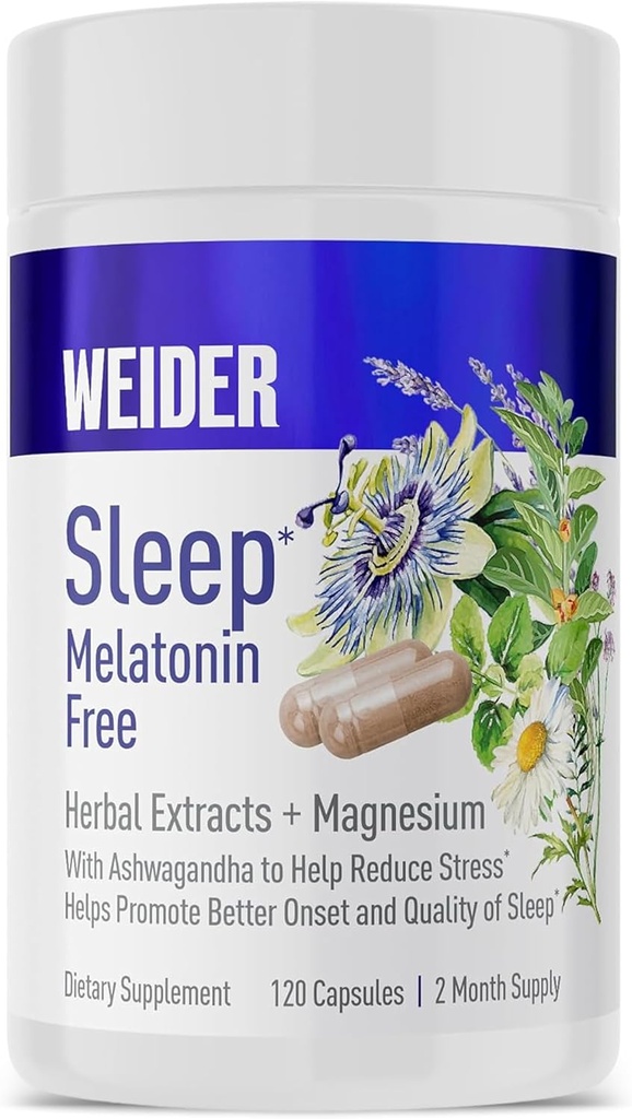 Weider Melatonin Free Sleep Aid Supplement with KSM-66 Ashwagandha, Magnesium, Lavender, Lemon Balm, Chamomile, Valerian and Passionflower Extracts, Hormone & Drug- Free, Non-Habit Forming, 120ct
