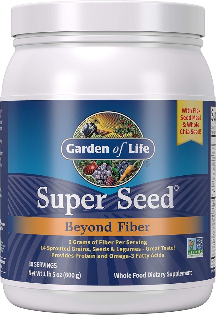 Garden of Life Super Seed - Vegetarian Whole Food Fiber Supplement with Protein and Omega 3, 5oz (600g) Powder
