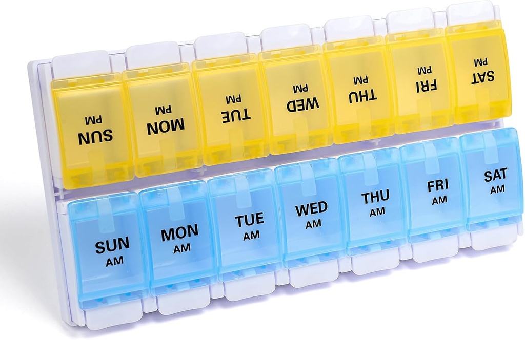 Sukuos AM PM Weekly Pill Organizer 7 Day, 2 Times A Day Medicine Pill Box with Easy Push Button, BPA Free Vitamin Cases for Fish Oil/Supplements, Easy to Clean (Yellow&Blue)